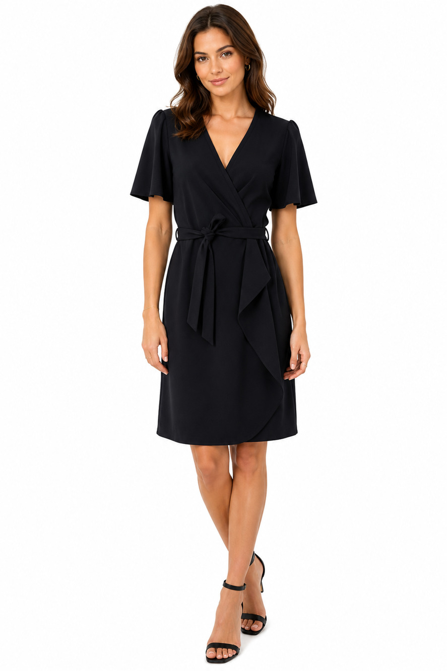 Donna Morgan Womens Wrap Look Short Sleeve V-Neck Black Knee Length Dress sz 2